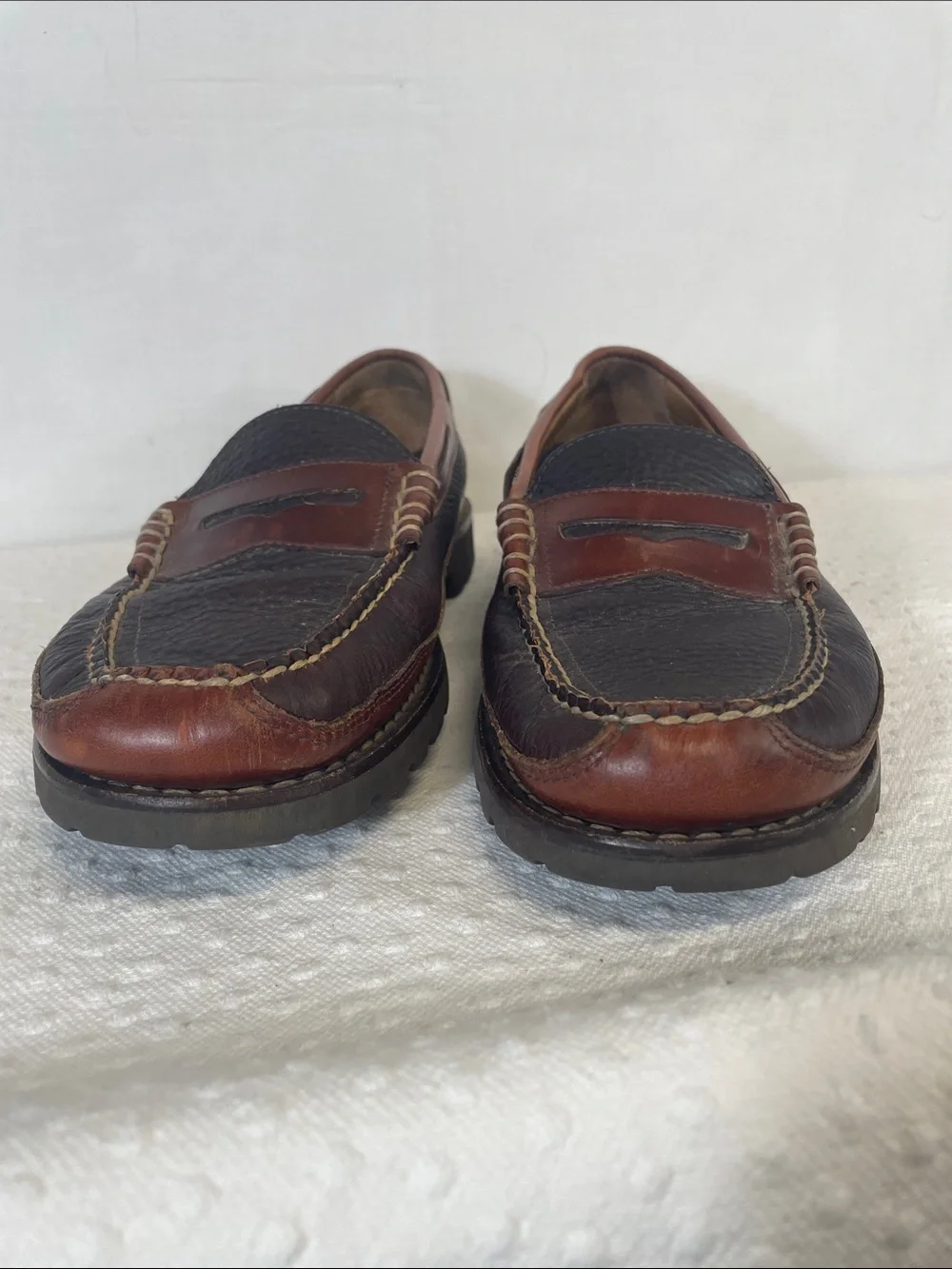 L.L. Bean Two-Tone Brown & Cognac pebbled Leather Penny Loafers - M10.5